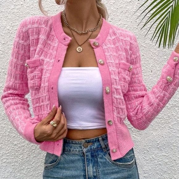 New Chic Tweed Knit Button Up Crop Cardigan Sweater Top Jacket Barbie Pink White - Picture 5 of 7